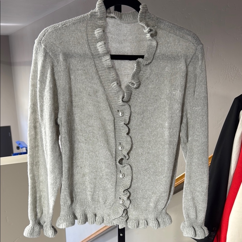 Gray Knit Cardigan with Ruffled Details